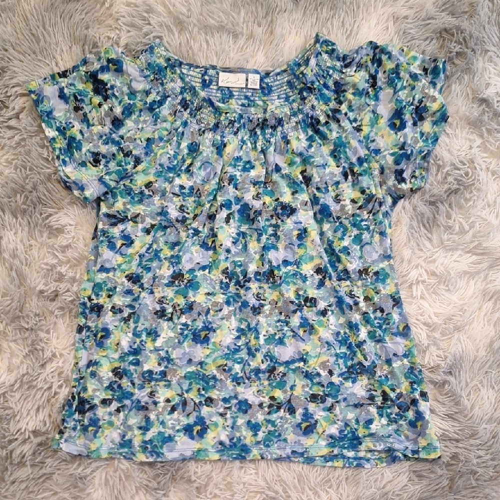 Kim Rogers Floral Blue and Green Blouse Size Large